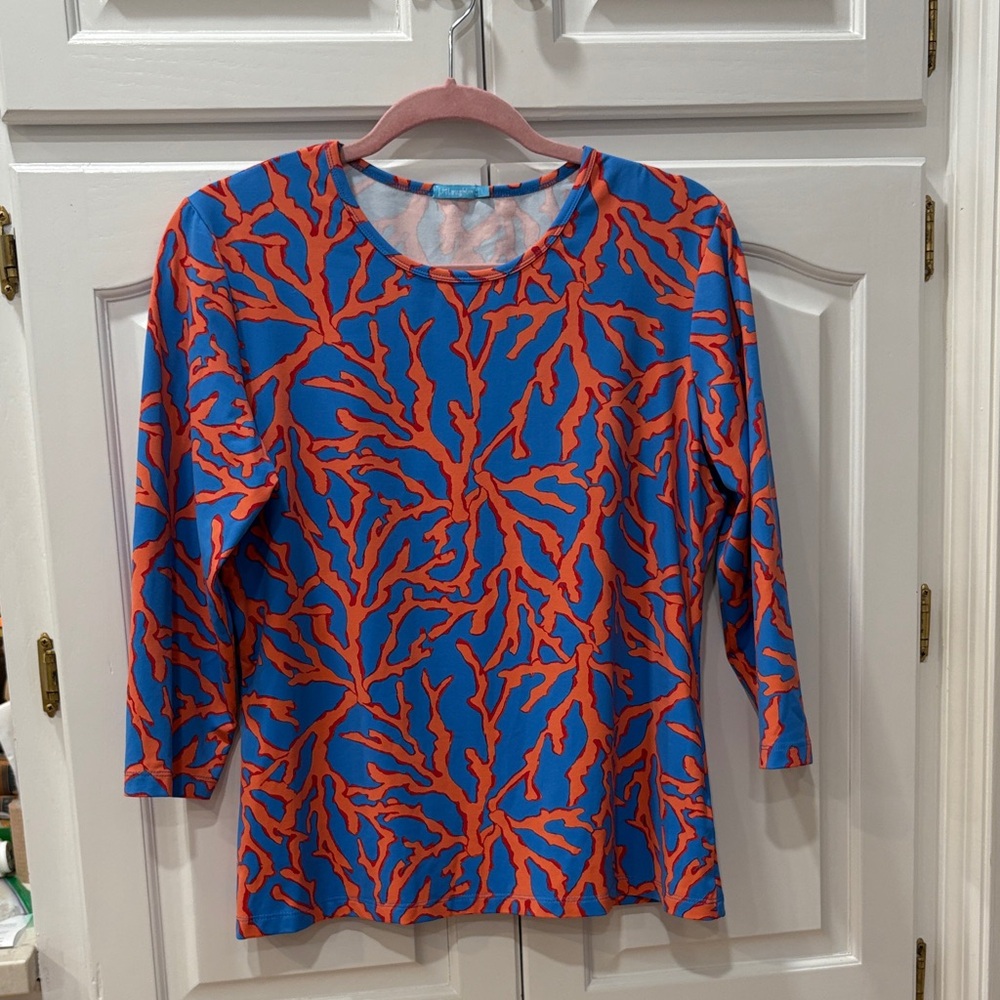 J. McLaughlin Blue and Coral Patterned Blouse